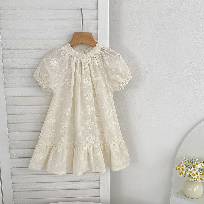 Summer Girls Solid Color Flowers Embroidery Short Sleeves Onesies and Girls’ Dress – Princess Sister Matching Set