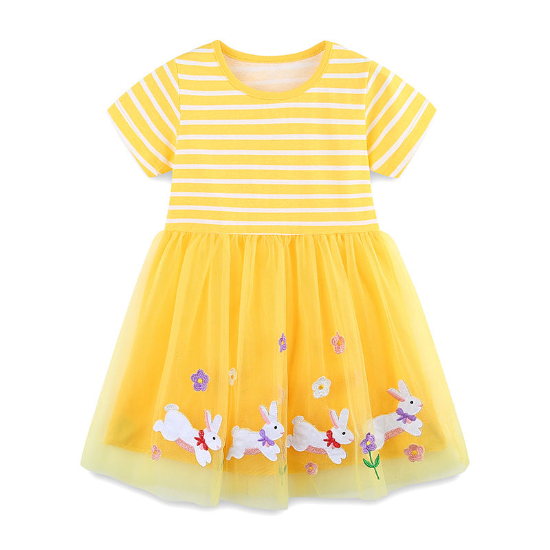 Summer Arrival Baby Girls Cute Rabbits Pattern Tulle Patchwork Short Sleeves Dress
