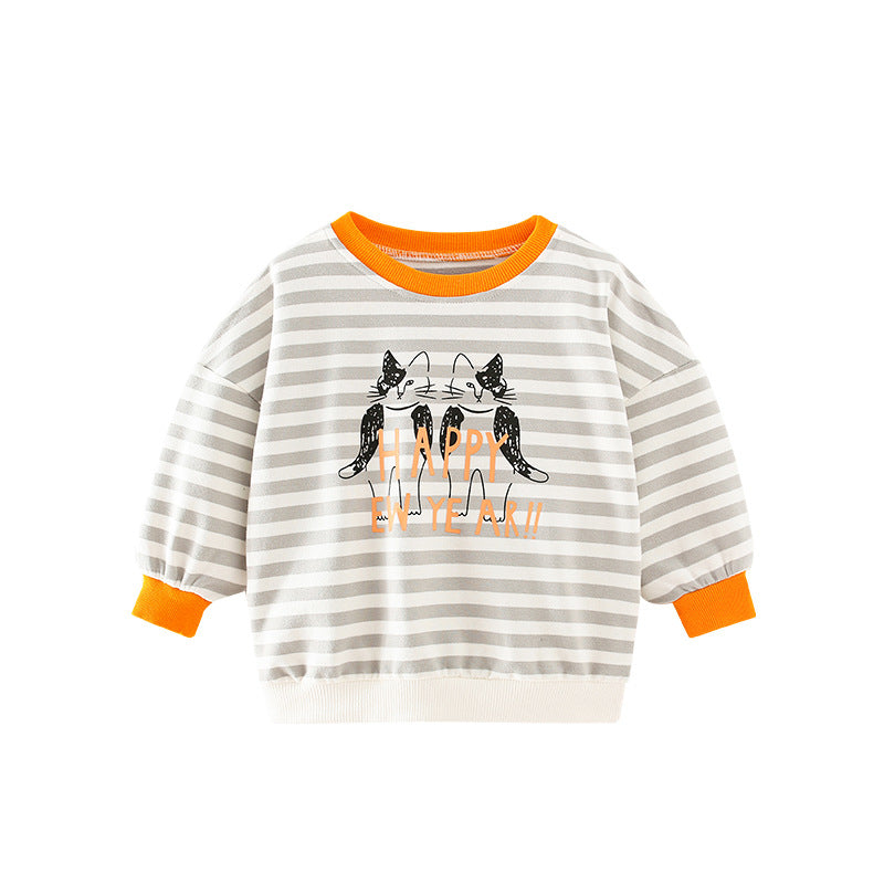 Baby Boy Cartoon Cat & Striped Pattern Colormatching Design Hoodie