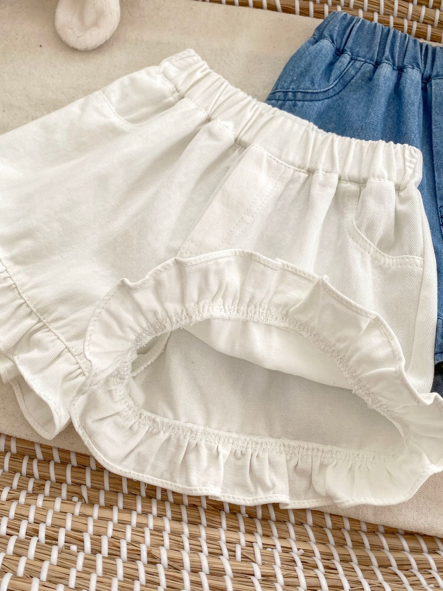 Summer Baby Girl Solid Color Ruffle Trim Denim Shorts
