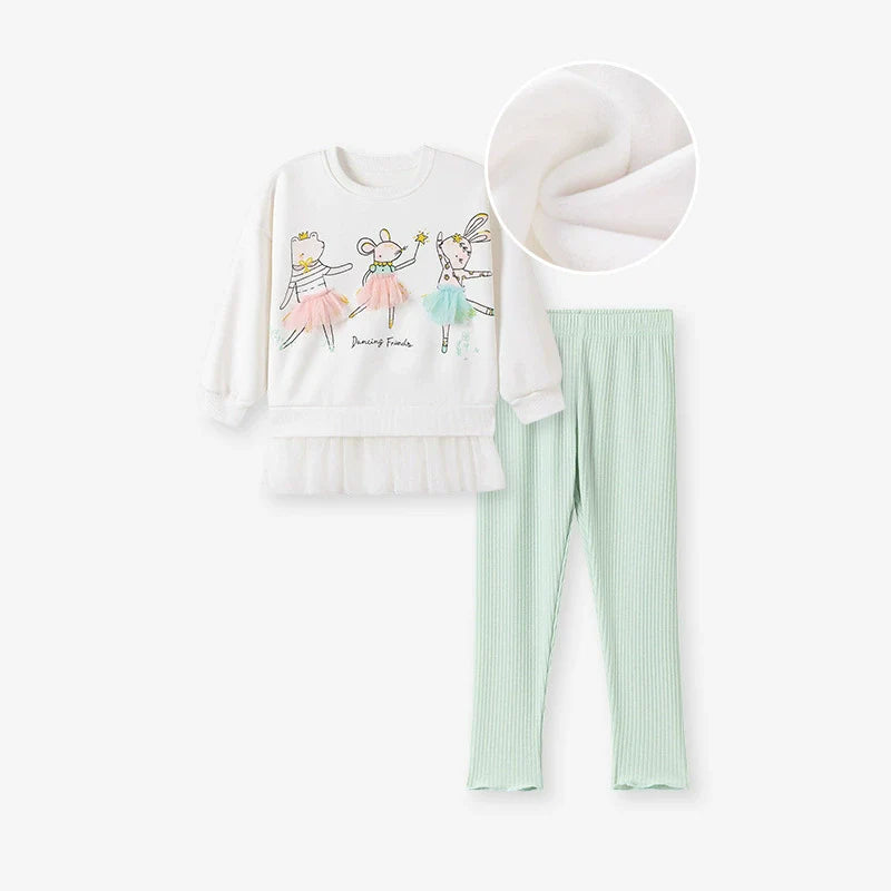 Winter and Autumn Girls Animals Cartoon Pattern Long Sleeves Tulle Decorated Sweatshirt and Plain Pants Clothing Set