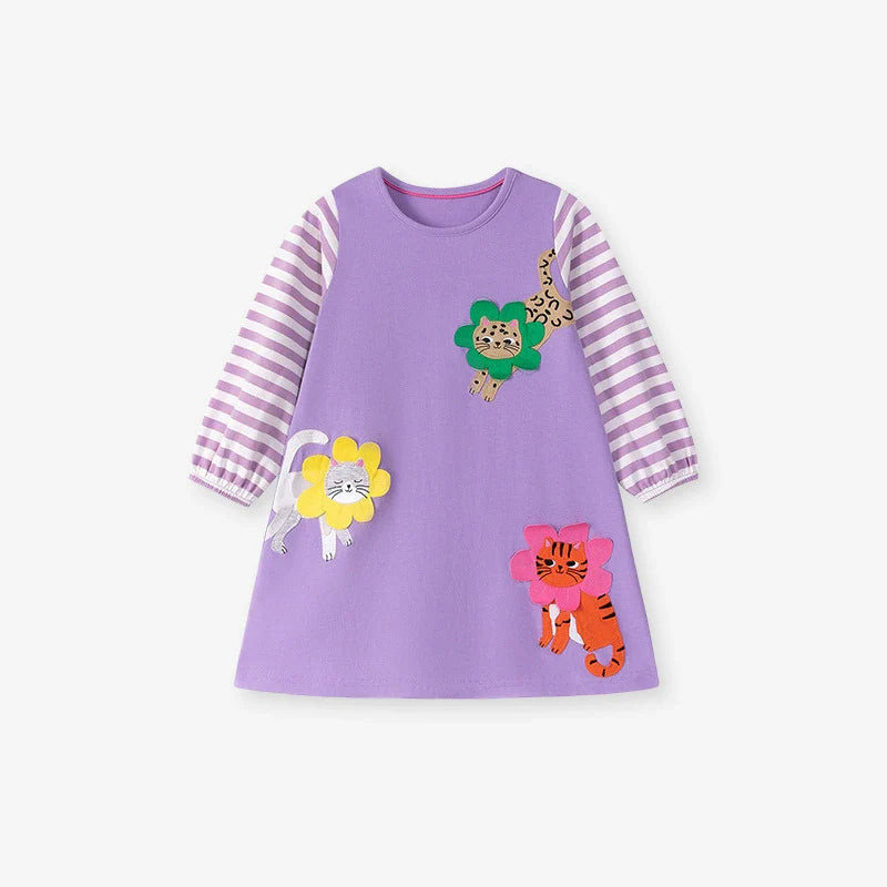 Autumn and Spring Arrival Cartoon and Striped Pattern Long Sleeves Dress for Stylish Girls