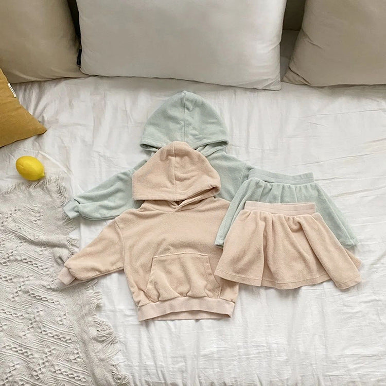 Baby Girl Solid Color Soft Cotton Hoodie With Skirt Sets