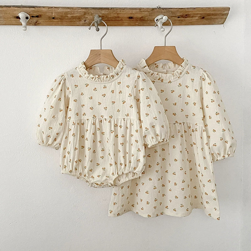 Autumn Baby Girls French-style Flowers Pattern Long Sleeves Onesies and Dress with Ruffle Neck – Princess Sister Matching Set