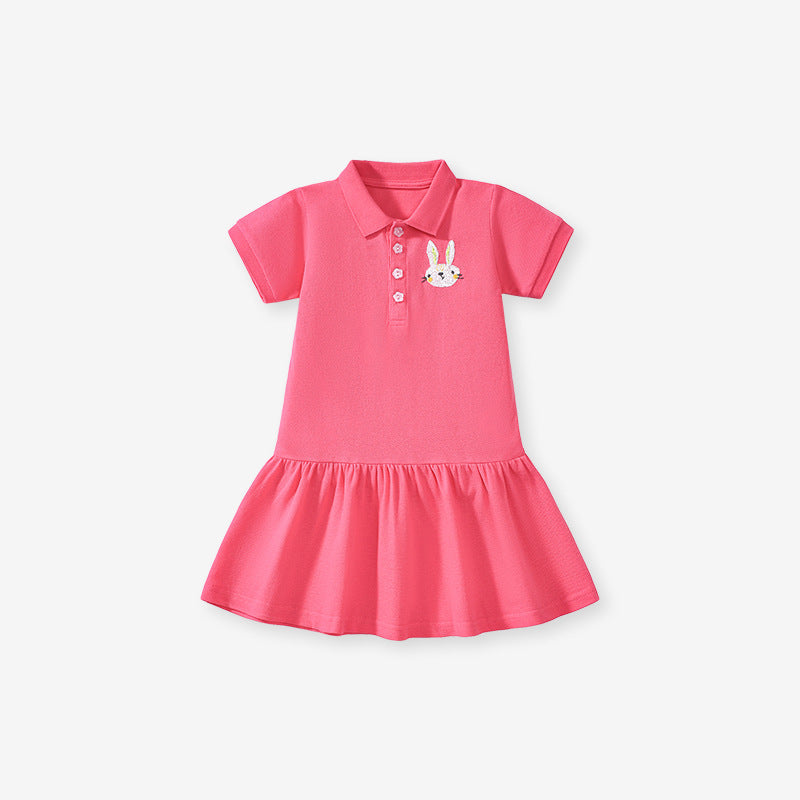 Summer Arrival Cute Rabbits Pattern Short Sleeves Polo Dress for Stylish Girls