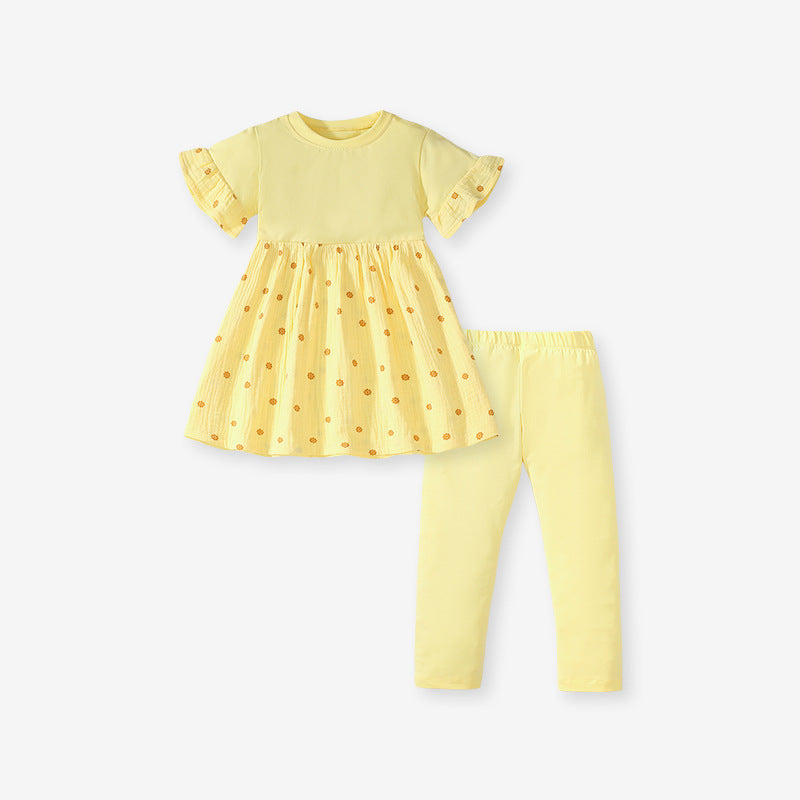 Summer Baby Kids Girls Polka Dots Yellow Dress And Pants 2-Piece Clothing Set