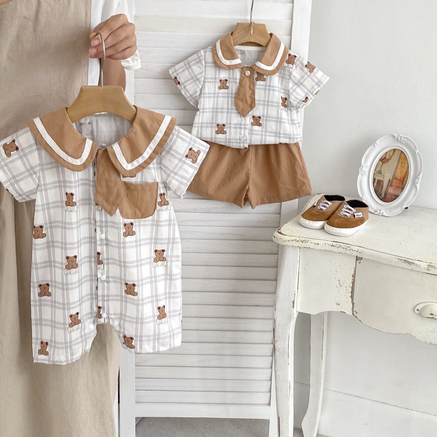 Summer Baby Teddy Pattern Plaid Short-Sleeved Romper And Clothing Sets For Boys – Brother Matching Set