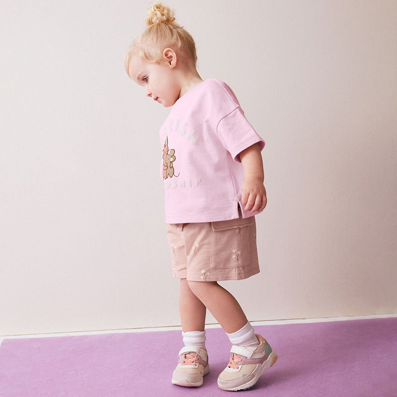 Summer Baby Kids Animals Cartoon Pattern T-shirt and Floral Shorts Clothing Set for Girls