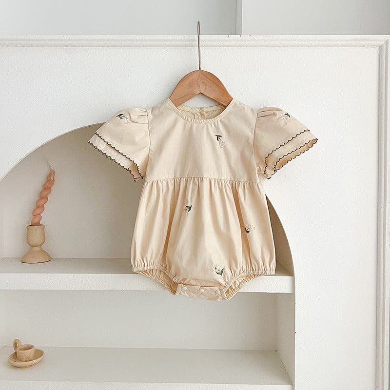 Summer Baby Girls French-style Flowers Embroidery Pattern Short-sleeved Onesies and Dress – Princess Sister Matching