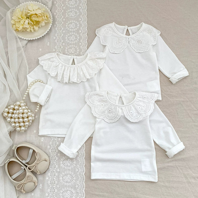 Autumn Arrival Baby Unisex Casual Thin White Long Sleeves Top with Flowers Pattern Collar