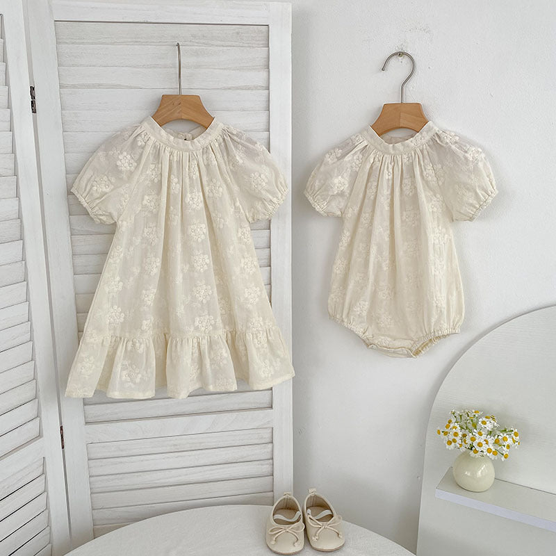 Summer Girls Solid Color Flowers Embroidery Short Sleeves Onesies and Girls’ Dress – Princess Sister Matching Set
