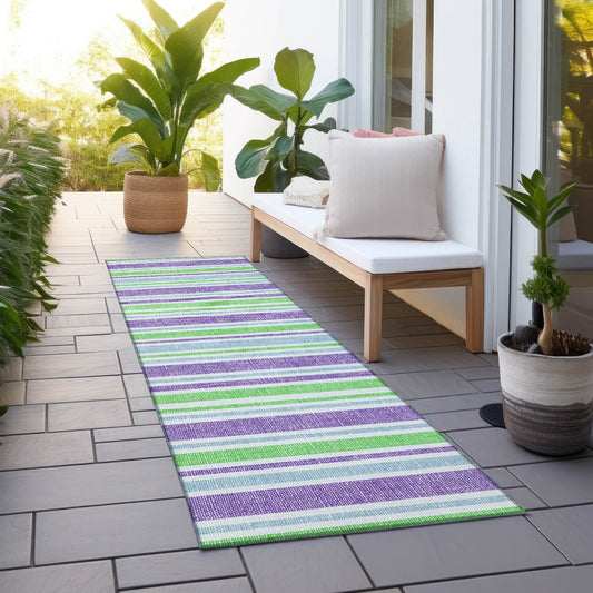 2' X 8' Green Purple and Blue Striped Washable Non Skid Indoor Outdoor Runner Rug