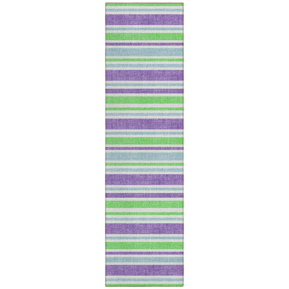 2' X 8' Green Purple and Blue Striped Washable Non Skid Indoor Outdoor Runner Rug