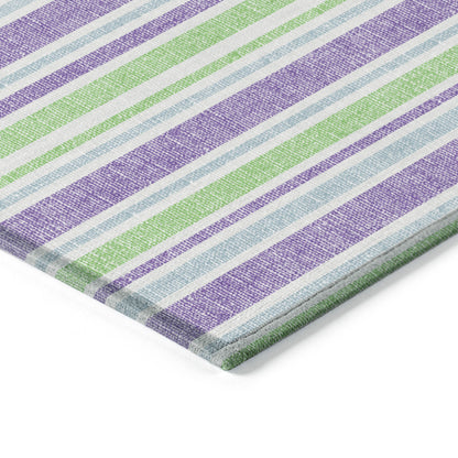 2' X 8' Green Purple and Blue Striped Washable Non Skid Indoor Outdoor Runner Rug