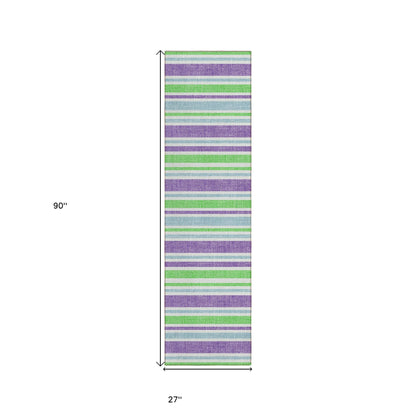 2' X 8' Green Purple and Blue Striped Washable Non Skid Indoor Outdoor Runner Rug
