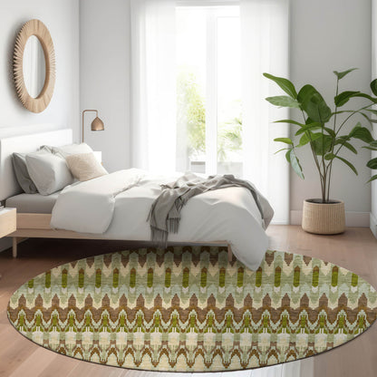 8' Artichoke Green And Brown Round Southwestern Washable Indoor Outdoor Area Rug
