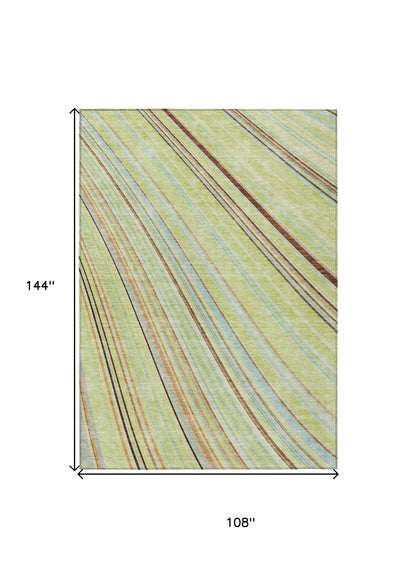 9' X 12' Sage Brown And Sky Blue Striped Washable Indoor Outdoor Area Rug