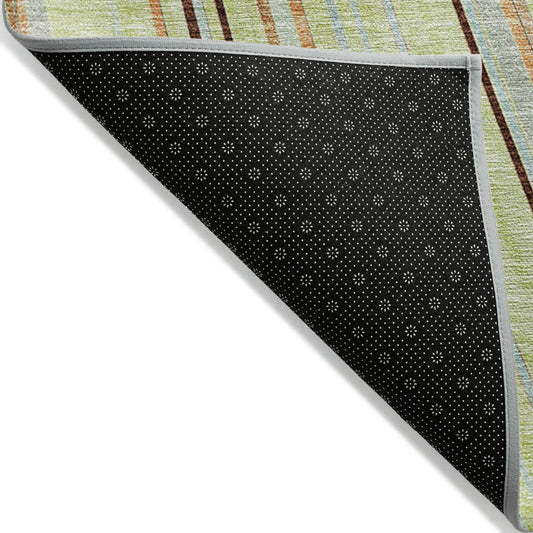 9' X 12' Sage Brown And Sky Blue Striped Washable Indoor Outdoor Area Rug