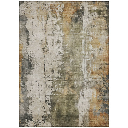 10' X 14' Olive Green And Ivory Abstract Washable Indoor Outdoor Area Rug