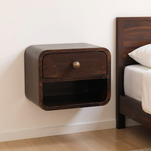 16" Walnut Solid Wood Round One Drawer Floating Nightstand