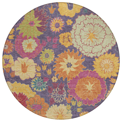 8' Purple Gold And Pink Round Floral Washable Indoor Outdoor Area Rug