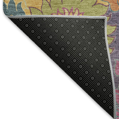 8' Purple Gold And Pink Round Floral Washable Indoor Outdoor Area Rug