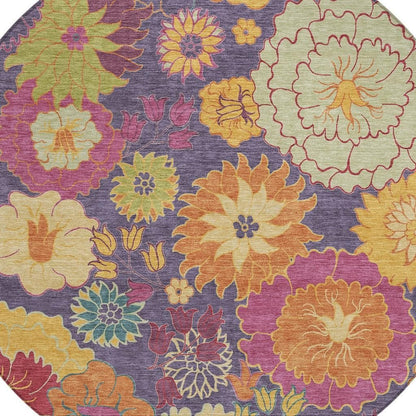 8' Purple Gold And Pink Round Floral Washable Indoor Outdoor Area Rug