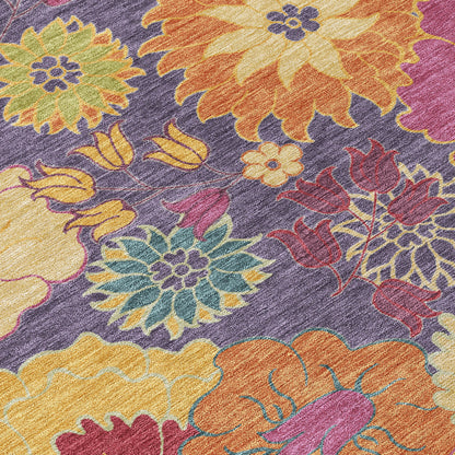 8' Purple Gold And Pink Round Floral Washable Indoor Outdoor Area Rug