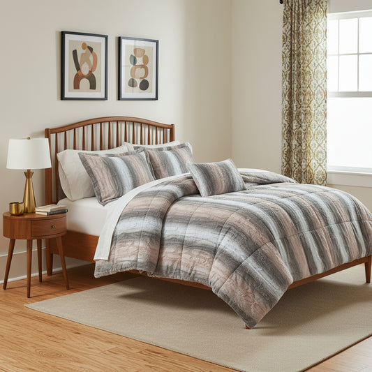 Set of Four Gray And Pink Striped Queen Ring Stitch Polyester Sham And Comforter-0