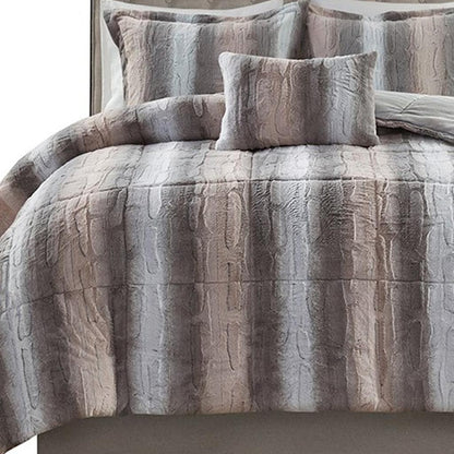 Set of Four Gray And Pink Striped Queen Ring Stitch Polyester Sham And Comforter-4