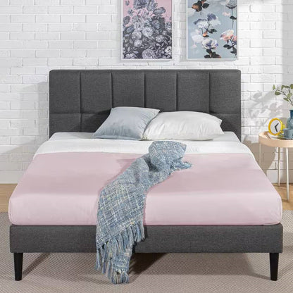 Queen size Grey Upholstered Platform Bed Frame with Padded Headboard