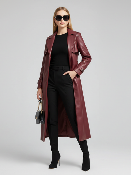 Plus-Size Long Leather-Style Windbreaker For Women, Red Hook, BYMANYC New York.