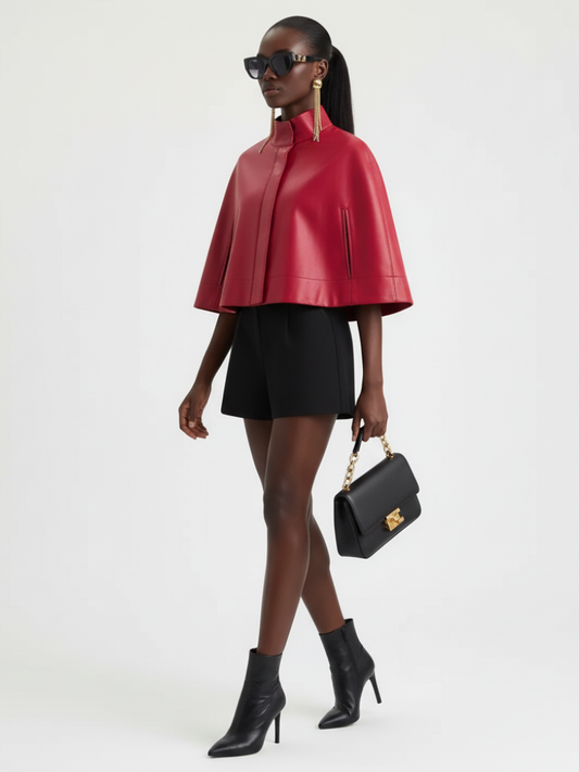 Red Leather-Style Short Cape Jacket For Women, Greenwich Village, BYMANYC New York.-0