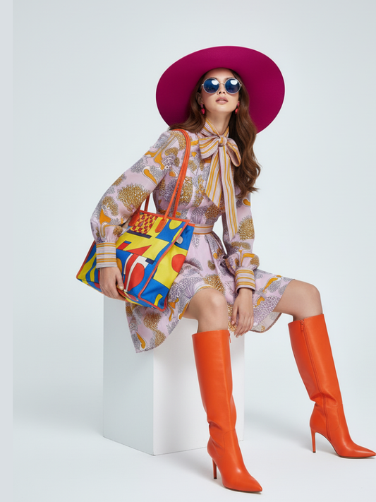 Vintage Print Mini Dress with Bowknot Collar and Colorblock For Women, Chelsea, BYMANYC New York.-0