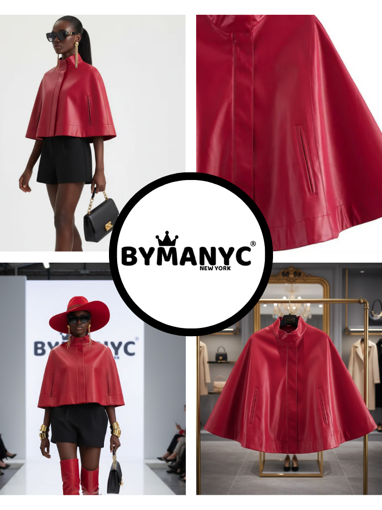Red Leather-Style Short Cape Jacket For Women, Greenwich Village, BYMANYC New York.-1