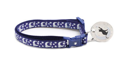 Silver Moons and Stars on Navy Blue Cat Collar
