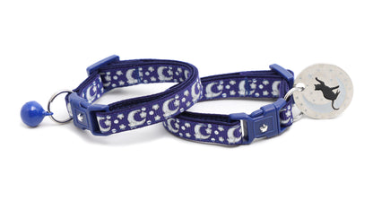 Silver Moons and Stars on Navy Blue Cat Collar