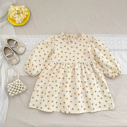 Autumn Baby Girls French-style Flowers Pattern Long Sleeves Onesies and Dress with Ruffle Neck – Princess Sister Matching Set