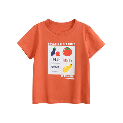 Summer Girls’ Fruits and Letters Pattern Printed T-shirt in European and American Style