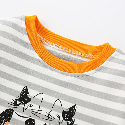 Baby Boy Cartoon Cat & Striped Pattern Colormatching Design Hoodie