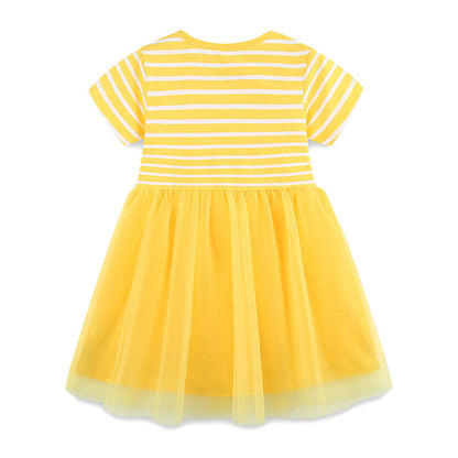 Summer Arrival Baby Girls Cute Rabbits Pattern Tulle Patchwork Short Sleeves Dress
