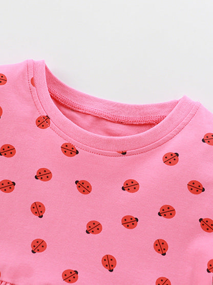 Summer Arrival Baby Kids Girls Short Sleeves Ladybird Print Pink Dress