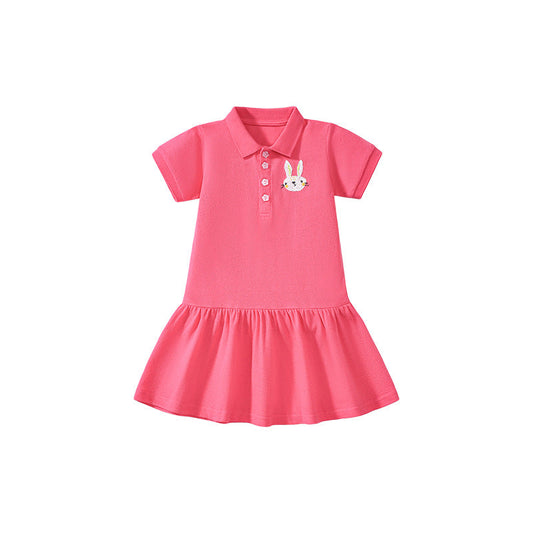 Summer Arrival Cute Rabbits Pattern Short Sleeves Polo Dress for Stylish Girls