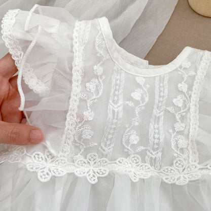 Summer Arrival Baby Girls Flower-Embroidered Fly Sleeves Crew Neck White Onesies Dress