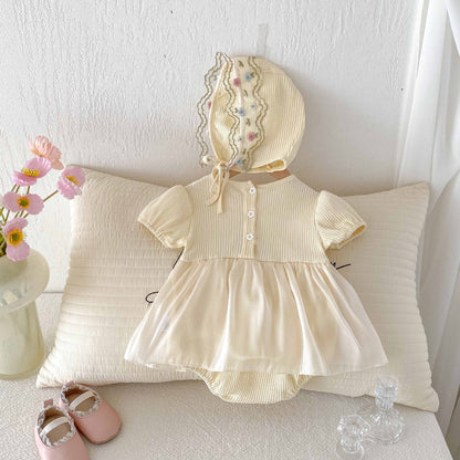 Summer Arrival Baby Girls Cute Apricot Short Sleeves Flowers Pattern Lace Attached Onesies