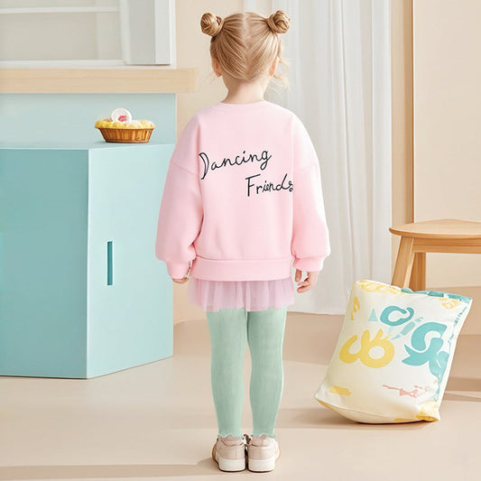 Winter and Autumn Girls Animals Cartoon Pattern Long Sleeves Tulle Decorated Sweatshirt and Plain Pants Clothing Set