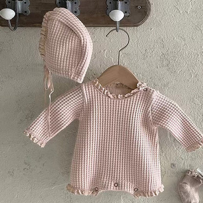 Baby Girl Solid Color Waffle Pattern Lace Design Long Sleeves Triangle Bodysuit