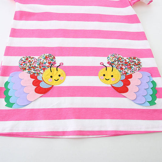 Design Summer Girls Striped and Bees Pattern Short Sleeves Dress