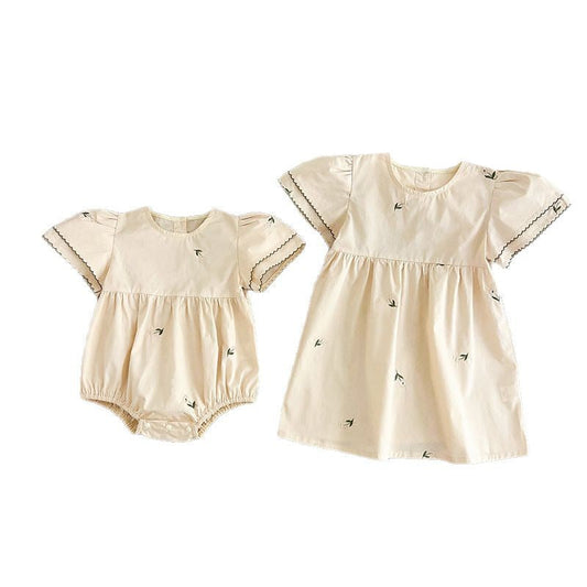 Summer Baby Girls French-style Flowers Embroidery Pattern Short-sleeved Onesies and Dress – Princess Sister Matching