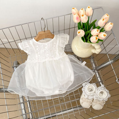 Summer Arrival Baby Girls Flower-Embroidered Fly Sleeves Crew Neck White Onesies Dress